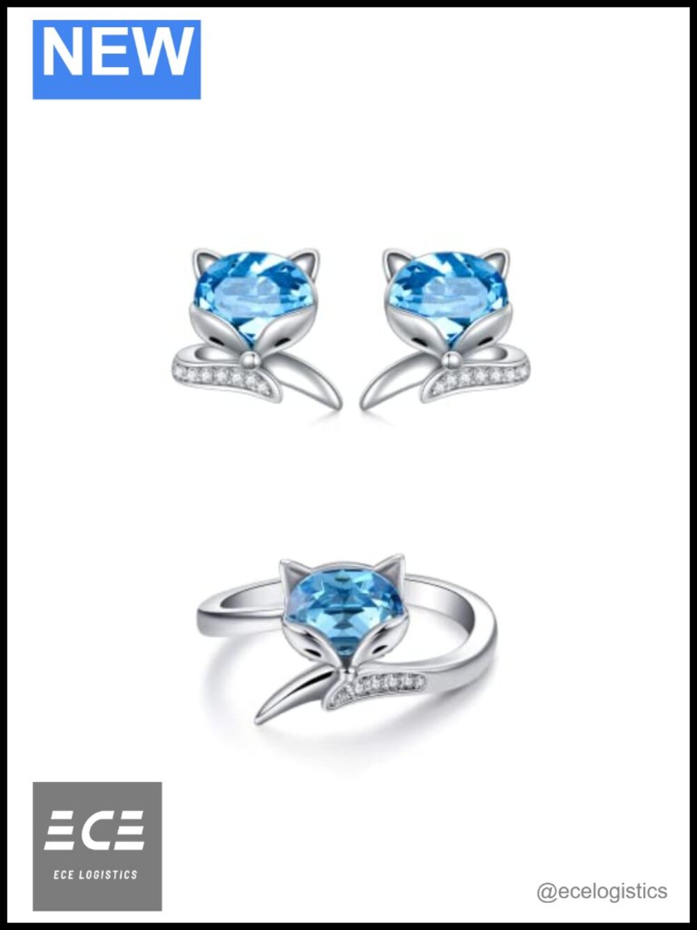 Sterling Silver Fox Stud Earrings Simulated Aquamarine Crystal